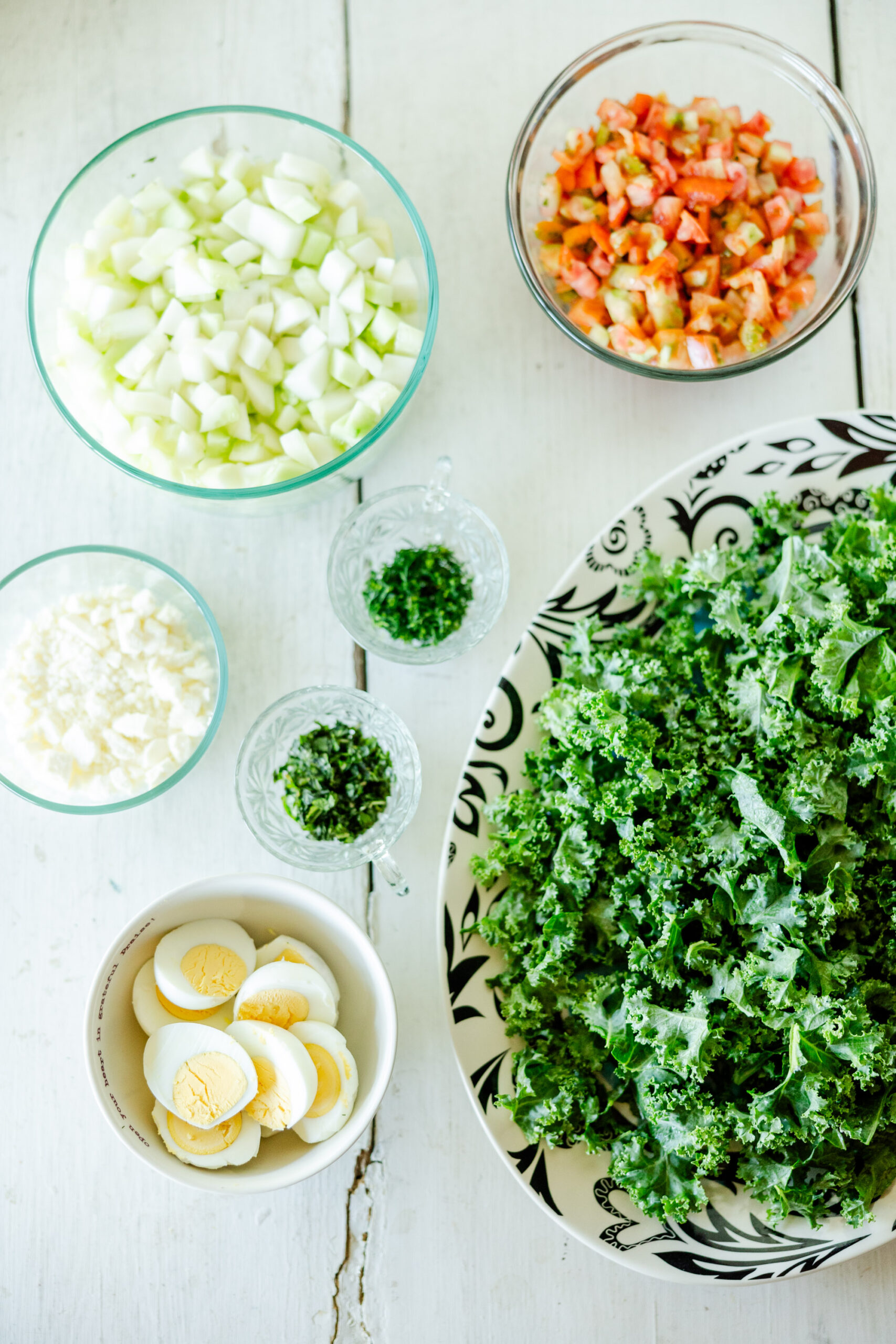 cucumbers, tomatoes, feta, and hard boiled eggs
